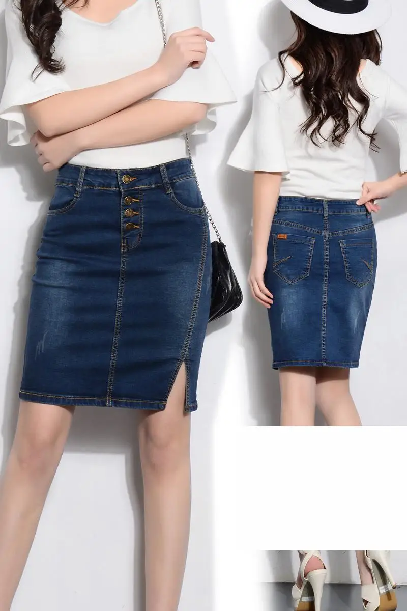 

New Arrival Summer Fashion Super Large Thin High Waist Slim Package Hip Skirt Split Elastic Half Skirt Jeans Women Size 30-38 40