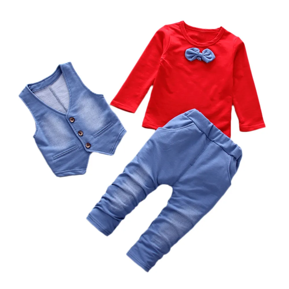 2019 Children's Sets Fashion Baby Clothing Denim Style Long Sleeve Tie T-shirt+Pants+Vest Gentleman Clothes Set dropshipping | Детская