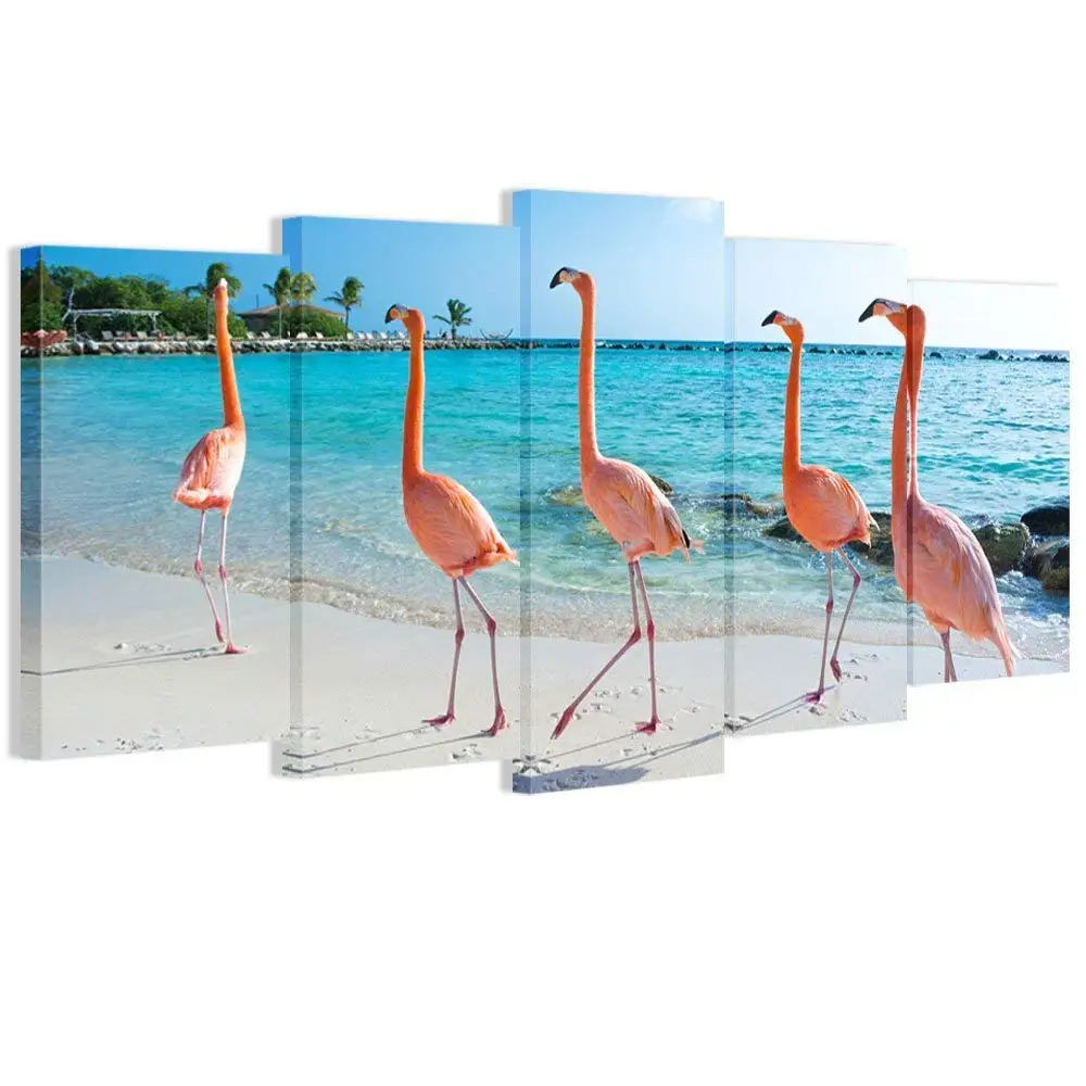 

Visual Art Decor 5 Pieces Canvas Art Pink Flamingo on Aruba Island Beach Picture Fancy Teal Sea Scenery Giclee Canvas Prints Ga