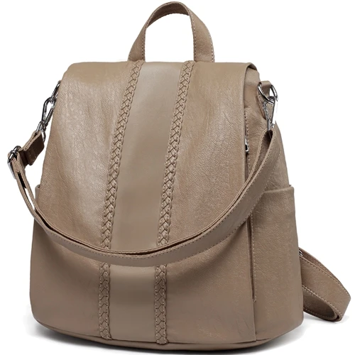 Khaki VASCHY модный кожаный антикражный Женский Рюкзак Винтажный тканый уникальный мягкий школьный рюкзак для девочки-подростка дизайнерский кошелек - Цвет: Khaki