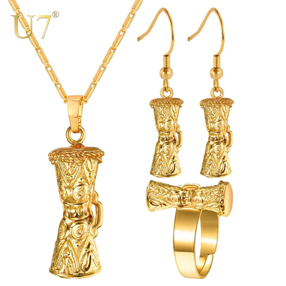 

U7 KUNDU Drum Pendant Necklace / Earrings / Resizable Ring Set For Women Papua New Guinea Drum PNG Jewelry Party Gifts S1023