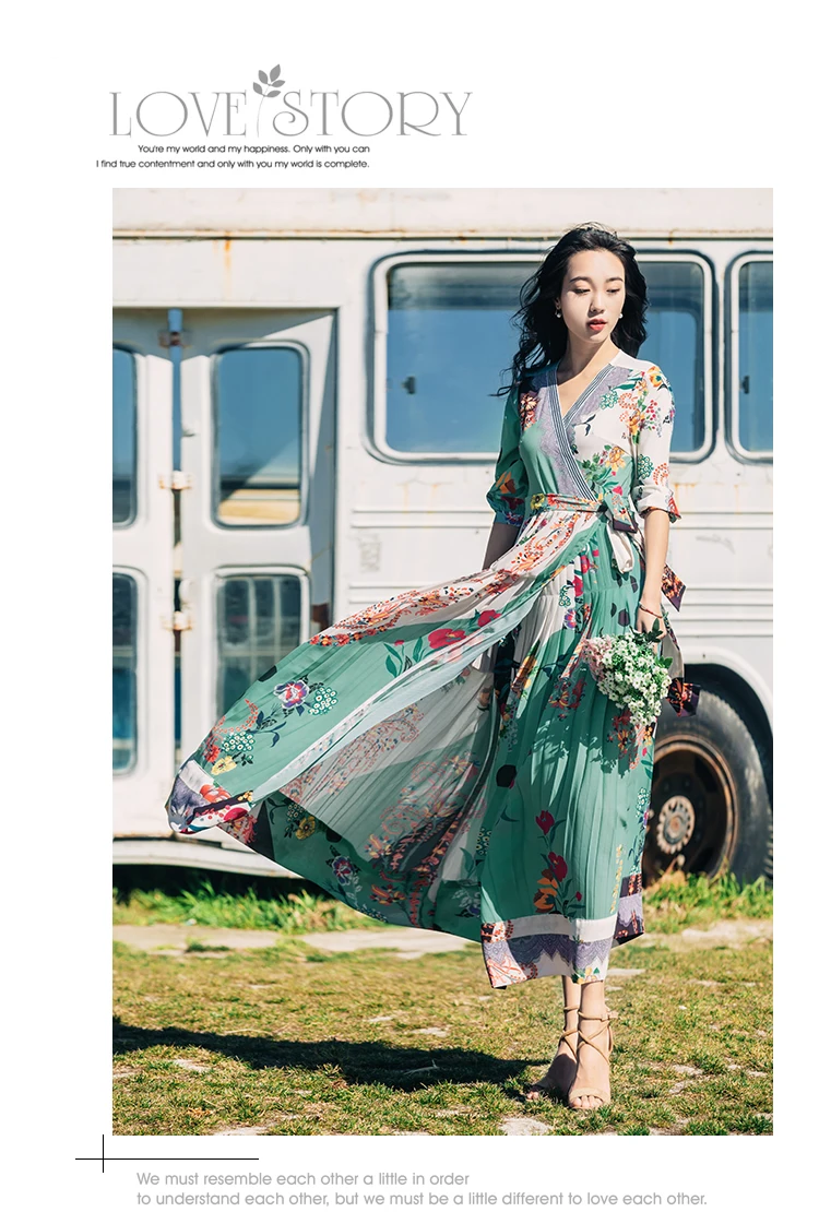 New Autumn Runway Women Vintage Floral Printing Lace-up Slim Long Dress Ladies Sexy V-Neck Elegant Pleated Party Dresses Vestido