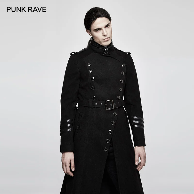 Мужская шерстяная куртка в стиле панк с металлическими пуговицами черная поясом