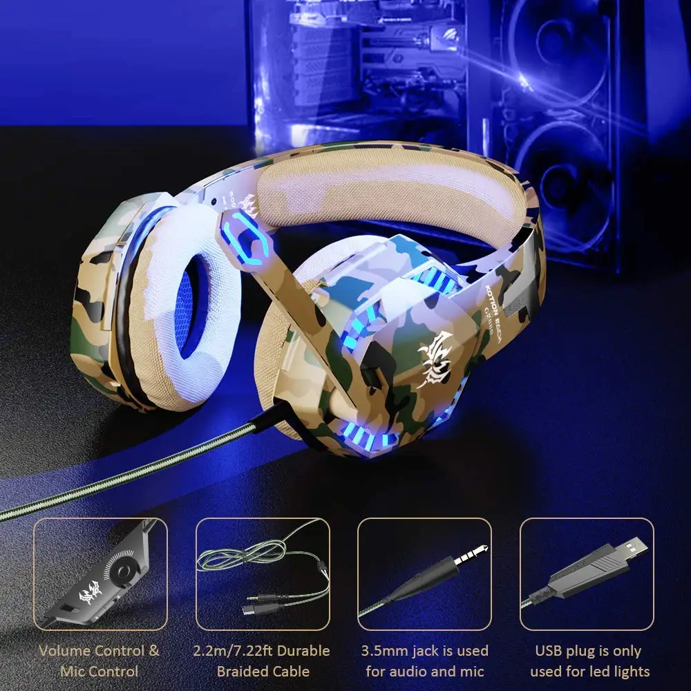 KOTION EACH G2600 камуфляжная стерео игровая гарнитура наушники с шумоподавлением с микрофоном светодиодный светильник для PS4/PC/Xbox One/iPad