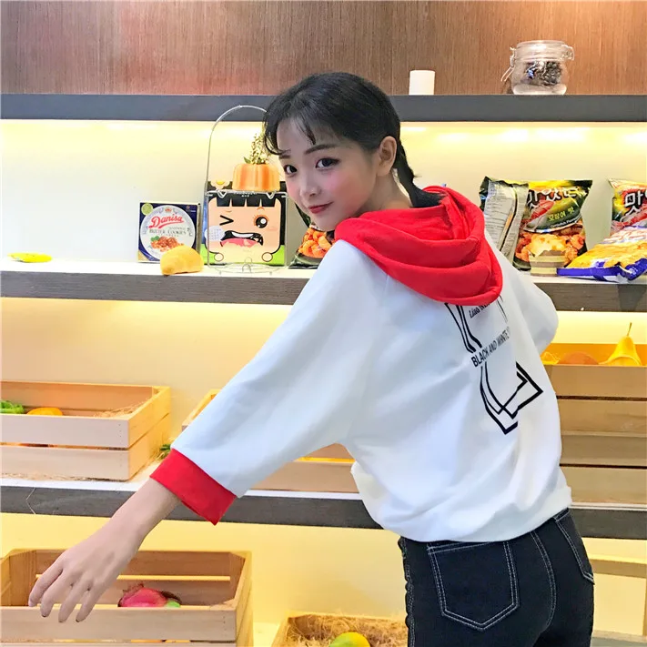 Summer 2017 Korean loose striped hooded hoodies female students all-match seven coat sleeve shirt | Женская одежда