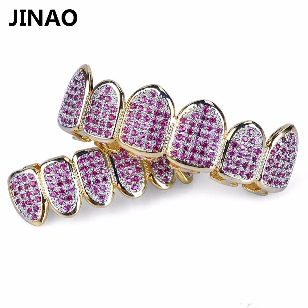 JINAO пользовательский подходят золотого цвета в стиле хип-хоп ЗУБЫ Grillz все Iced Out фуксия CZ Stonea микро мощеные женские верхние и нижние грили набор