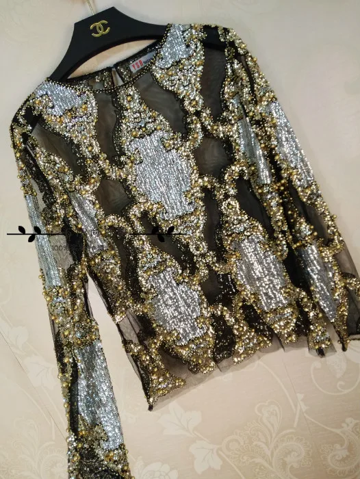 2018 Blusa Women Shirts And Winter Heavy Work Super-flash Sexy Perspective Net Yarn Spear Beads Long-sleeved Shirt Sequins Lace |