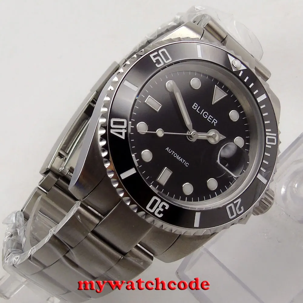 

40 мм Bliger черный окно с датой набора сапфировое стекло автоматические мужские часы B156