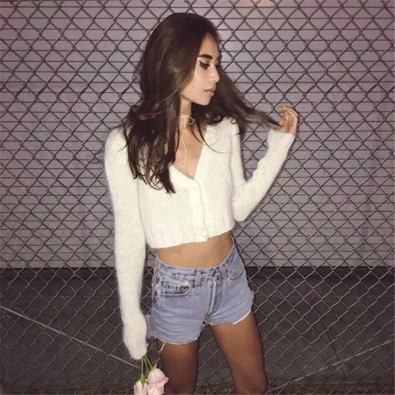 Глубокий v-образный вырез плюшевые вязаные свитера из мохера Женский Белый