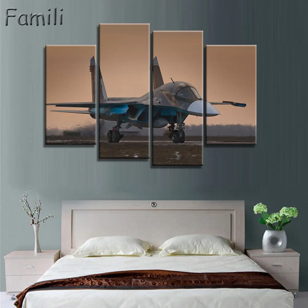 4 Pieces Painting Fighter Airplane Aircraft Model Wall Art Canvas Prints Modern Artwork Pictures for Living Room Unframed | Дом и сад