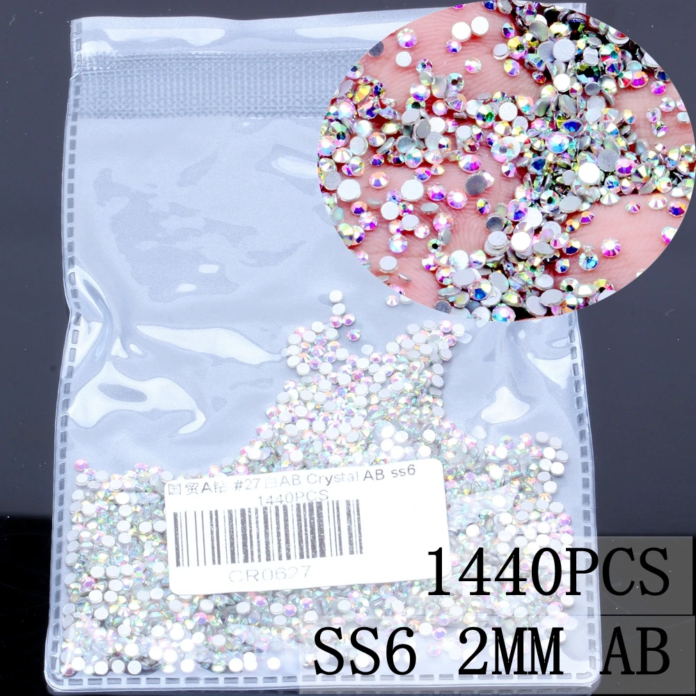 AB ss6 1440pcs 3D Стразы для ногтей, SS3-SS8, хрустальные стразы, плоские с оборота, Стразы для ногтей, не Горячие фиксации, украшение для ногтей, сделай сам, стеклянный маникюр - Цвет: AB ss6 1440pcs