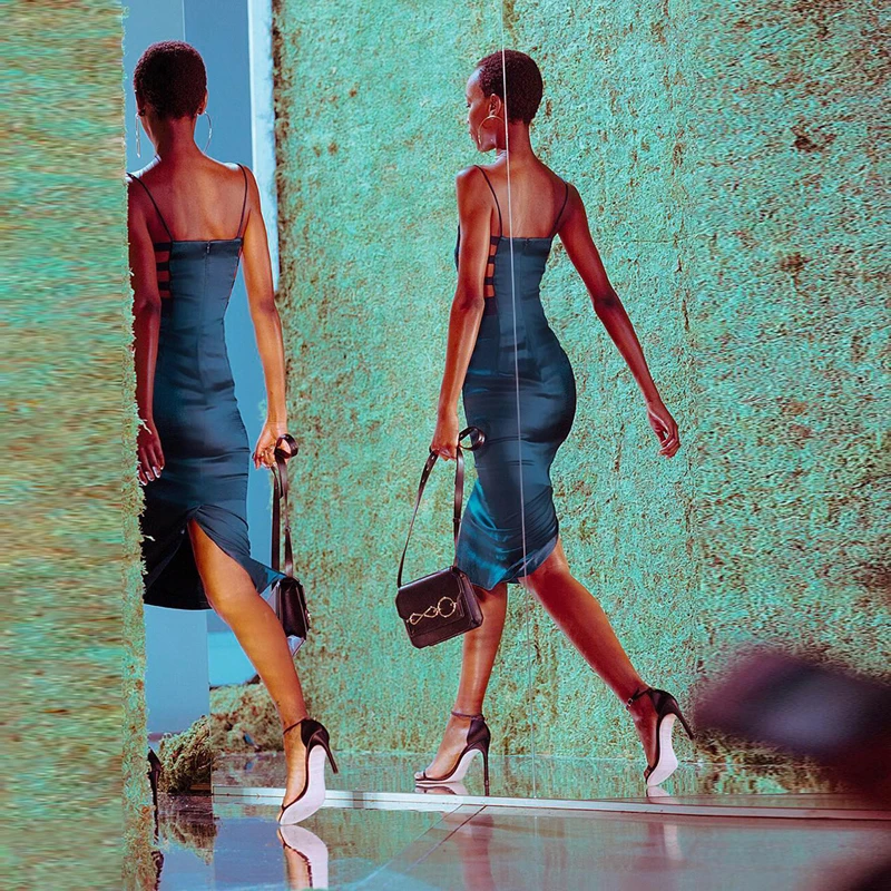 2019 новые модные синие женское платье Лето Спагетти ремень Bodycon Midi выдалбливают