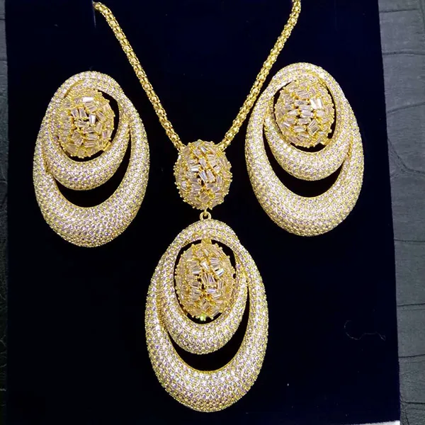 Gold Set GODKI роскошный эксклюзивный Круглый комплект из сережек и ожерелья для женщин Свадебные кубические циркония Дубай высококачественные ювелирные украшения набор - Окраска металла: Gold Set