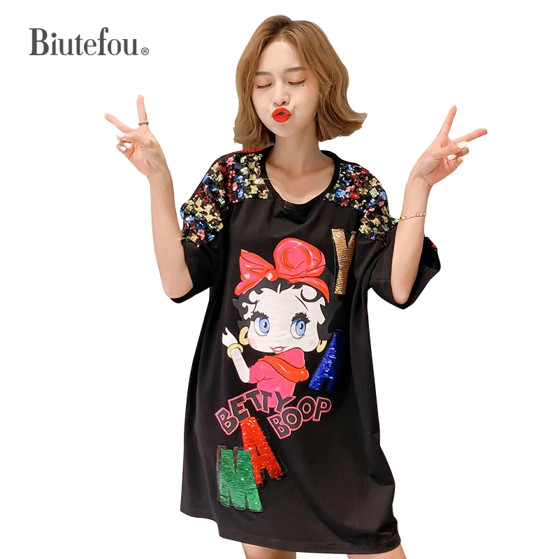 2019 летние платья с пайетками модные нашивками женские шикарные мультяшным