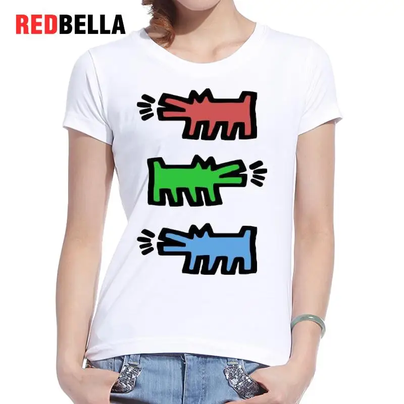 REDBELLA Kawaii/Хлопковые футболка Женщины животных o шеи цвет собака Harajuku с коротким