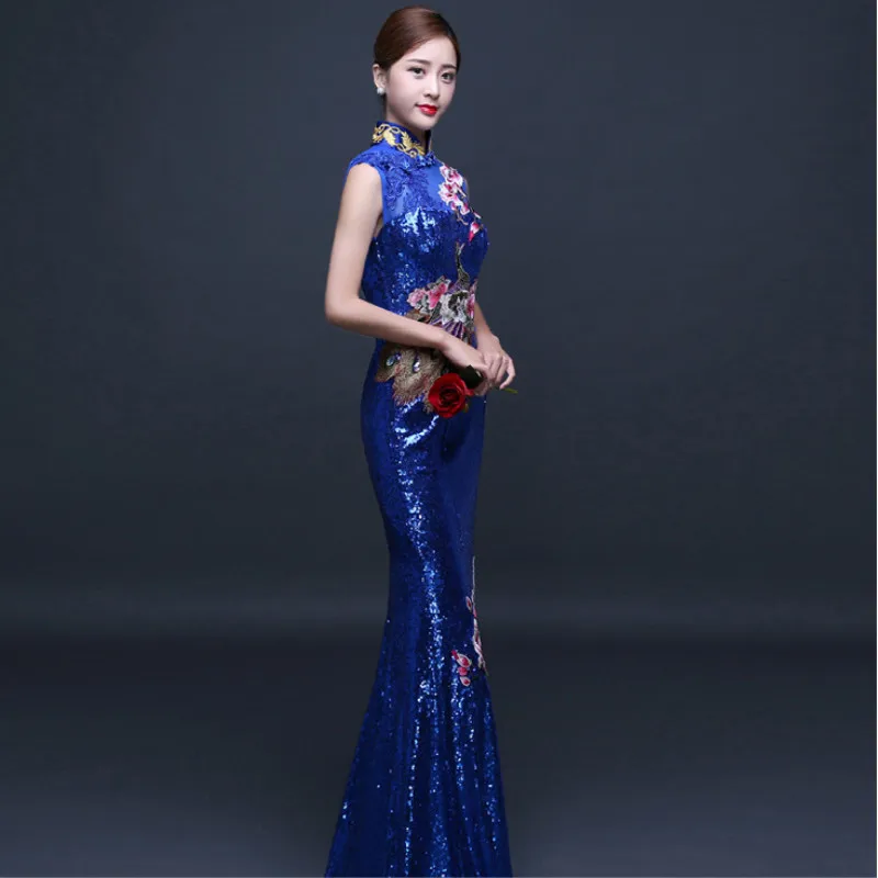 Платье с вышивкой Cheongsam Китайский вечернее платье вышивка Восточный платья Кружева Русалка торжественные платья Длинные Qipao красный Феникс