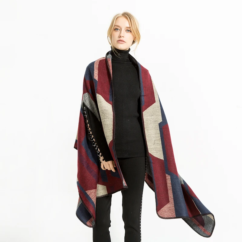 2018 акрил Для женщин теплые пончо Элитный бренд полоса отверстие большие шарфы