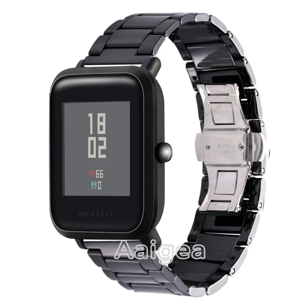 Luxury Ceramic Watch Band Strap Butterfly Buckle for Huami Amazfit Bip BIT PACE Lite Youth 3 Link Bracelet Replace Wrist strap