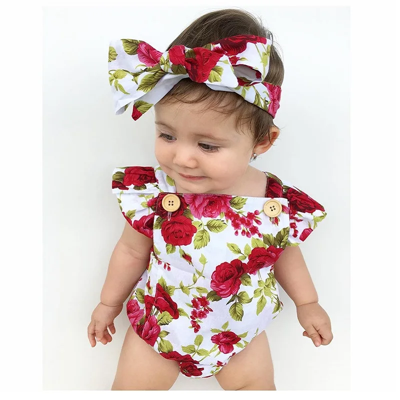 Модный костюм для маленьких девочек боди с цветочным принтом новорожденных