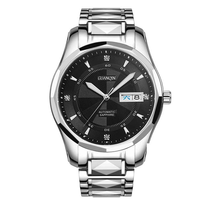 Silver Black Высококачественные деловые часы GUANQIN для мужчин, роскошные полностью вольфрамовые стальные механические часы с календарем и сапфиром, светящиеся часы со скелетом - Цвет: Silver Black