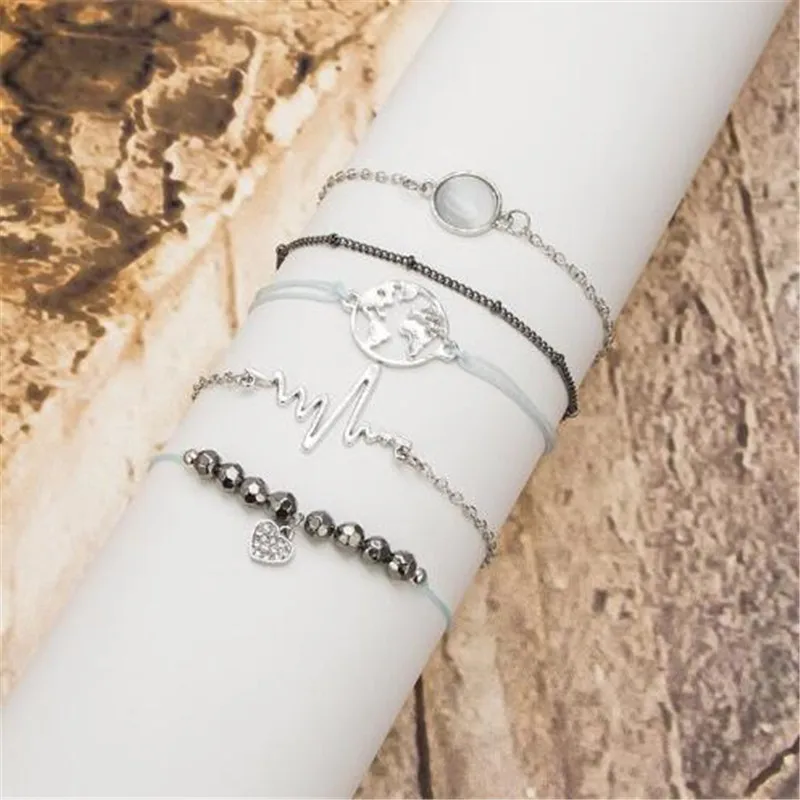 Ахмед 5 шт./компл. Boho сердцебиение карта мира, браслеты с брелоками для Для женщин Серебряный Цвет модный браслет из Цепочки Браслеты Аксессуары