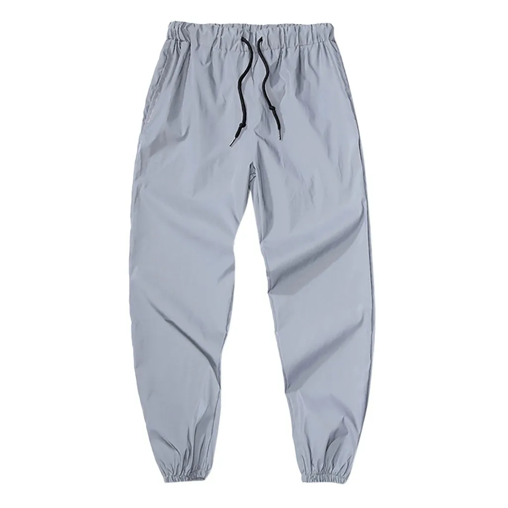 Серый Autumn New Arrival Men flash reflective jogger Long Pants Drawstring Elastic gray solid streetwear trousers Dropshipping 15 - Цвет: Серый