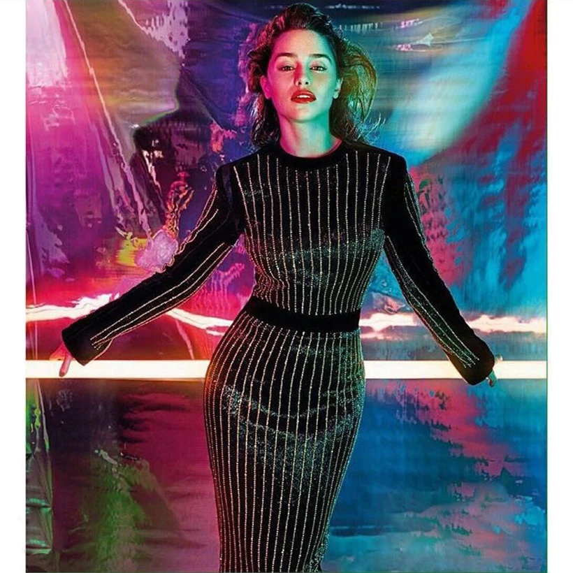 Женское платье с длинным рукавом облегающее стрейч бусинами и бриллиантами лето