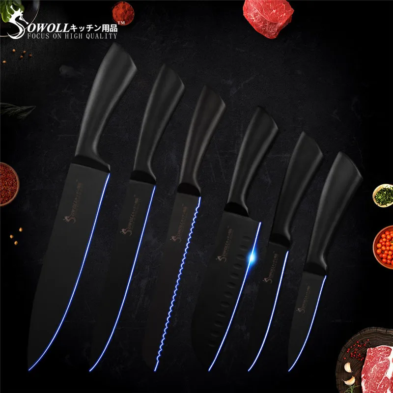 6 Pcs Knives Set Sowoll, Экономичный набор кухонных ножей, дизайн, набор кухонных ножей из нержавеющей стали с подставкой для ножей, точилка, аксессуар - Цвет: 6 Pcs Knives Set