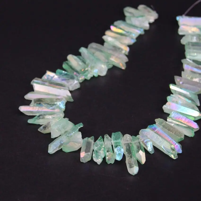 

15.5"strand Green Titanium Crystal Quartz Top Drilled Point Beads,Raw Crystal Stick Briolettes Pendant Beads Jewelry Making