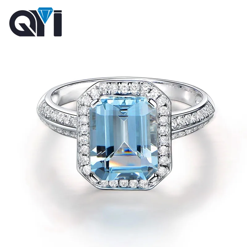 

QYI Natural Sky Blue Topaz Emerald Cut 1.5ct Solid 925 Sterling Silver Ring Gemstone Halo Engagement Ring For Women Fine Jewelry