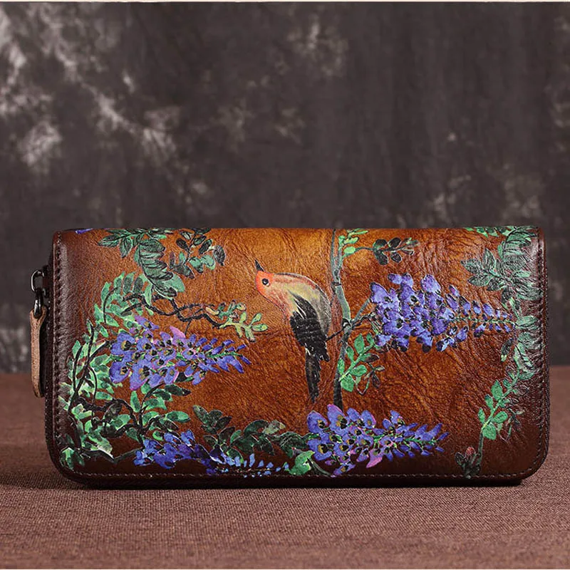 Vintage brown Женский кошелек из натуральной кожи в стиле ретро с цветочным принтом и птицей, длинные женские сумки, многофункциональный Повседневный Кошелек на молнии, кошелек для денег - Цвет: Vintage brown