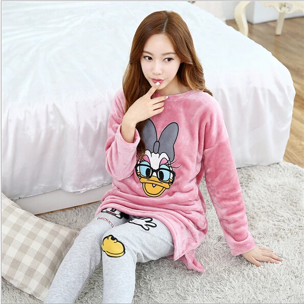 Осенне-зимняя обувь милая Женская одежда для сна с длинными рукавами фланель