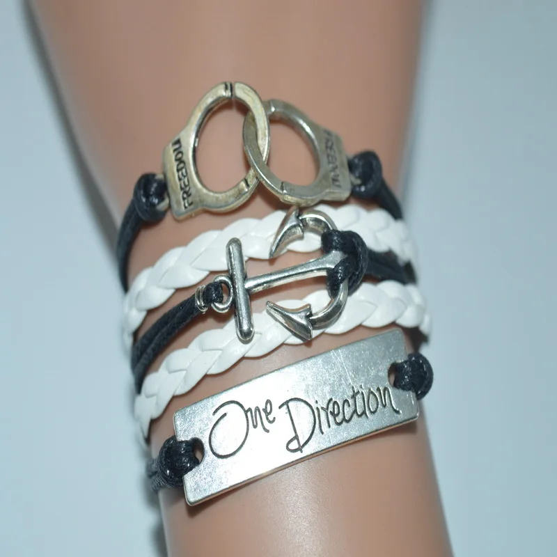 Старинное серебро белый черный кожаный шнур Якорь наручники одном направлении