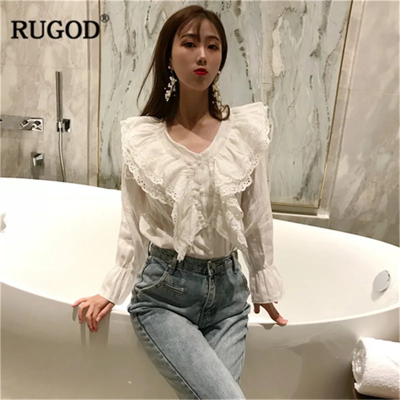 Женская кружевная рубашка RUGOD с длинным рукавом-фонариком и кружевной кромкой