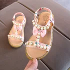 Летние жемчужные сандалии для маленьких девочек, новинка 2019, классические туфли принцессы с бисером и бантом, пляжные босоножки на плоской подошве для маленьких детей
