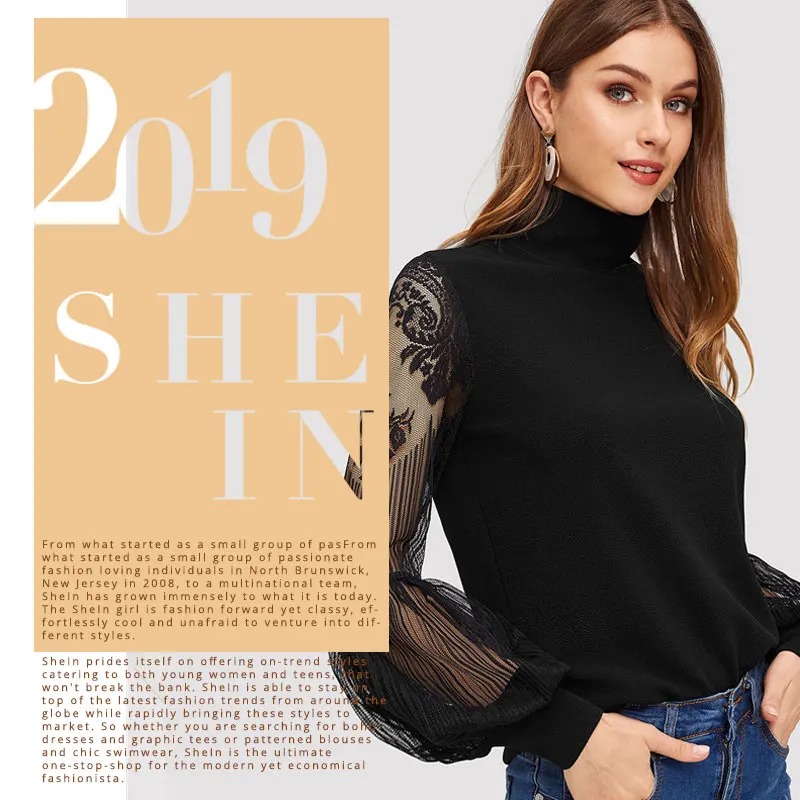 SHEIN Однотонный Топ С Прозрачными Рукавами Сексуальная Блузка С Ажурными Рукавами