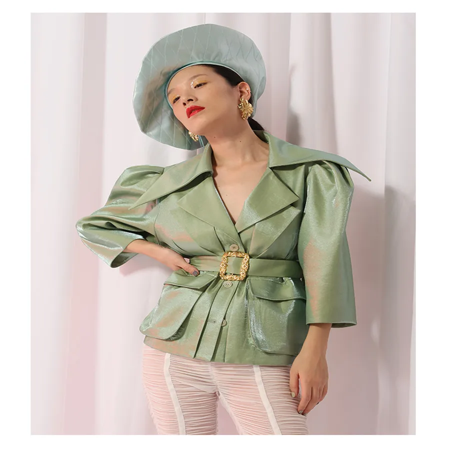

Women 2019 SPRING Jacket Retro Glossy Fake Two Metal Button Coat With Belt Long Sleeve Single Breasted Slim H155
