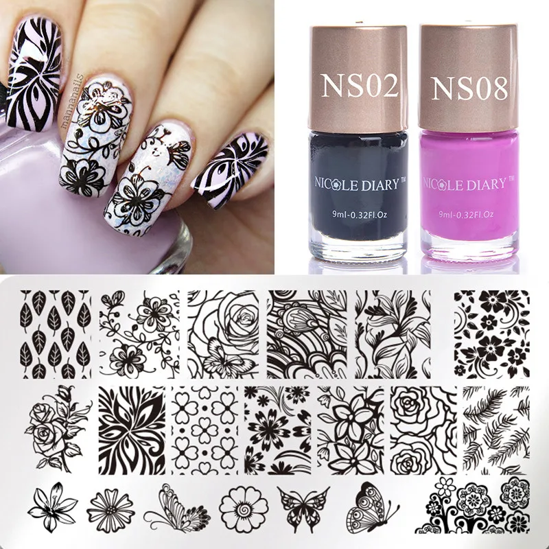 3 шт. пластина для стемпинга с цветами и бабочками цветной лак черная фуксия набор