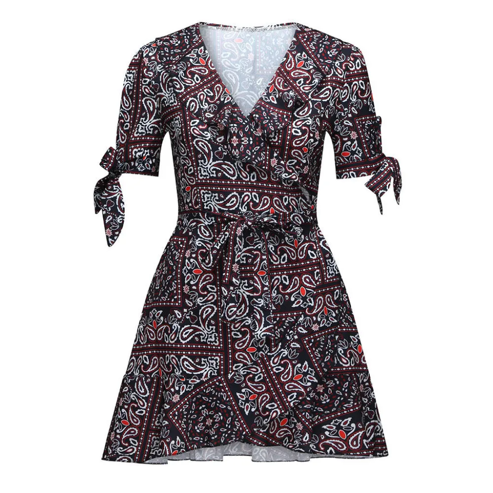 Женское Короткое мини-платье в горошек с v-образным вырезом на шнуровке и