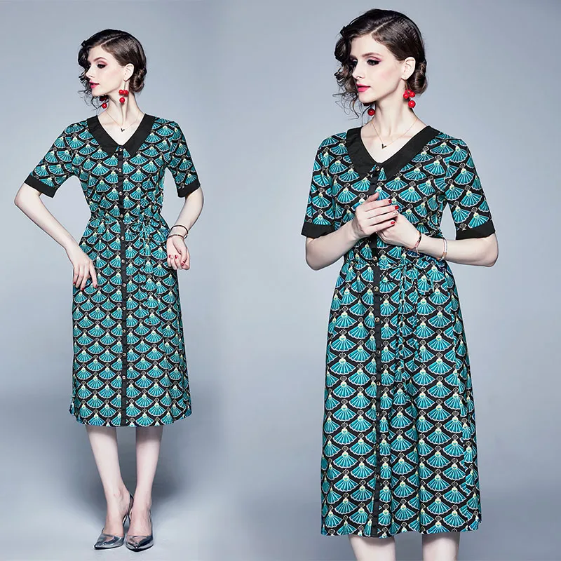 2019 Новое милое женское платье с принтом короткий рукав принимаем талии длинный