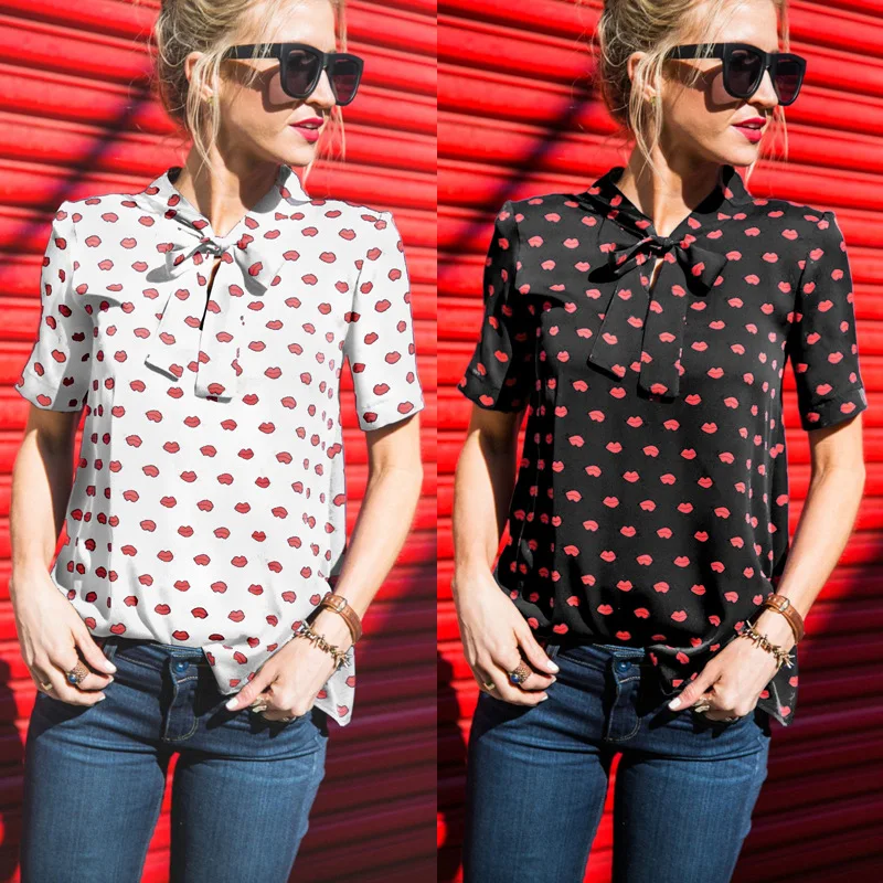 Женская шифоновая блузка с принтом Красного рта элегантная рубашка коротким