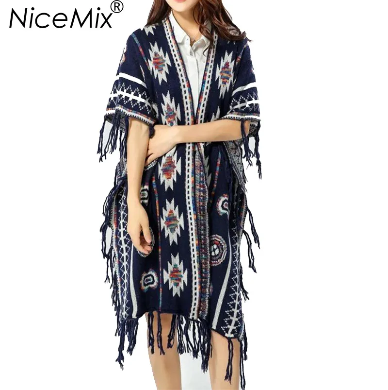 NiceMix, осенний кардиган с кисточками, женская накидка, длинное пончо, свитер, повседневные пальто размера плюс, винтажные женские вязаные кардиганы