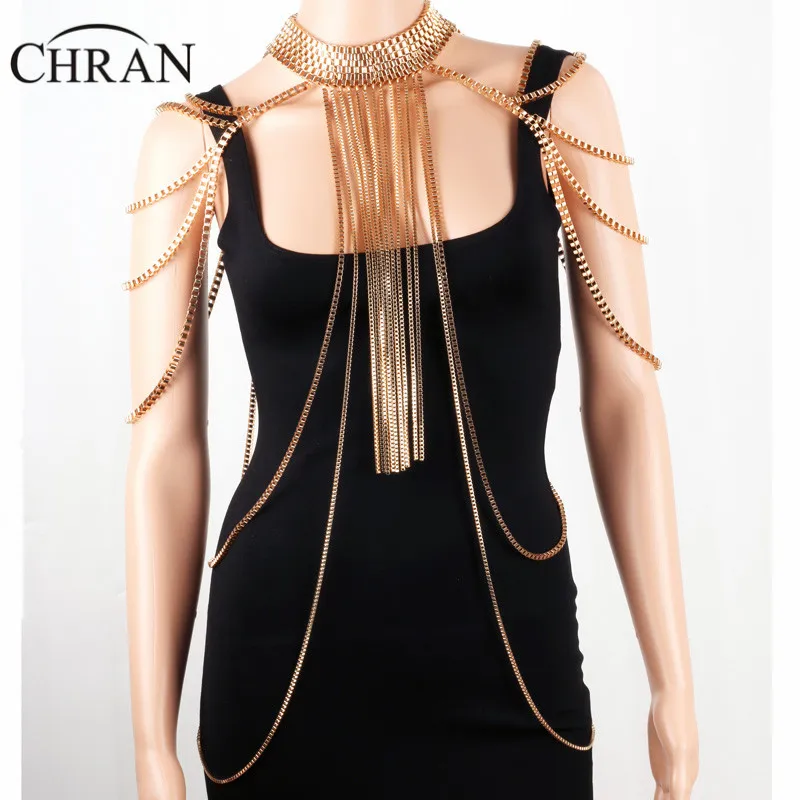 

Chran Sexy Body Armor Big Scarf Pendant Ladies Bib Shoulder Choker Necklace Gold Silver Plated Harness Slave Box Chain Jewelry