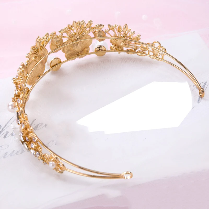 Himstory high end роскошные золотые Цвет тиара жемчужина Для женщин Корона в стиле барокко невесты цветок и листья Дизайн украшение для волос Свадебные аксессуары