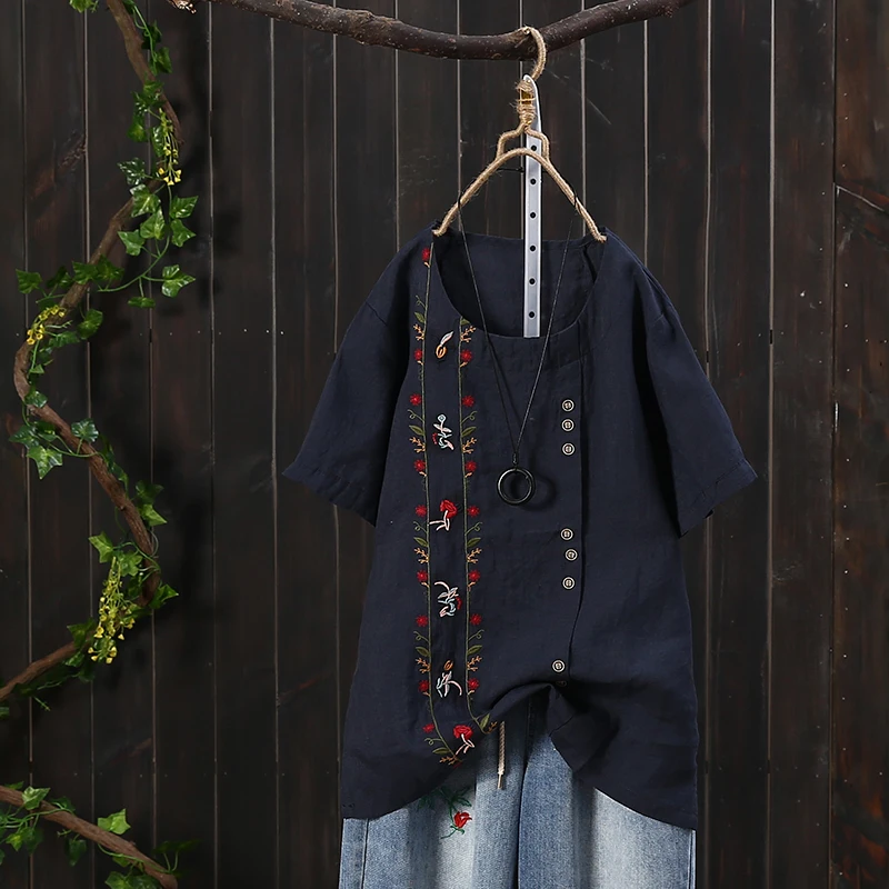 Оригинальный хлопок и лен футболка Для женщин с короткими рукавами цветок