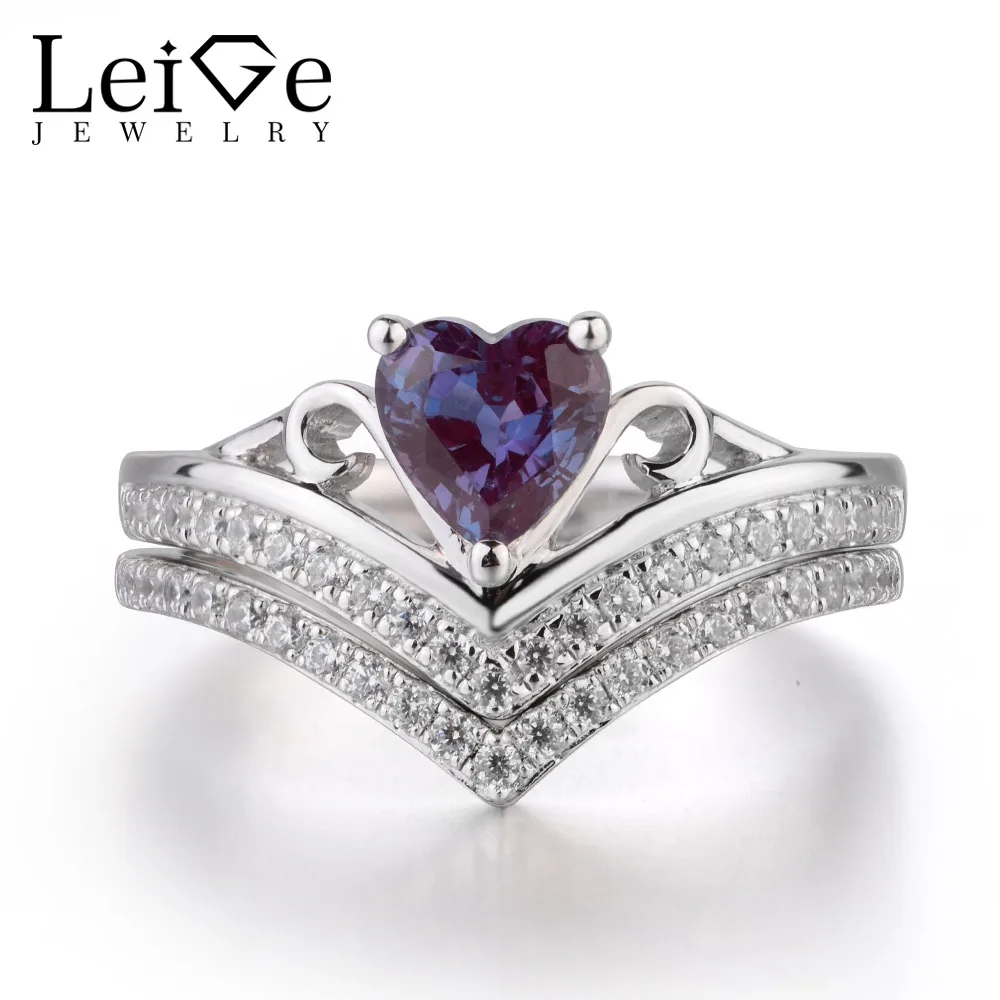 

Leige Jewelry Alexandrite Ring Cocktail Party Ring Color Changing Gems Heart Cut Gemstone 925 Sterling Silver Ring for Girls