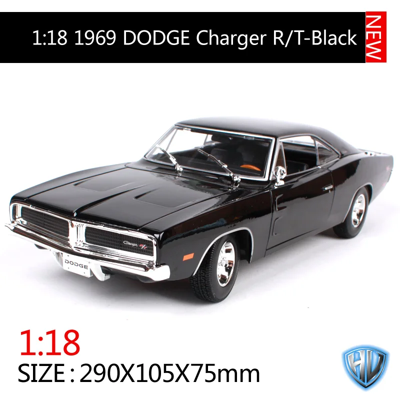Машина Dodge Charger RT 1969 черного цвета с оранжевыми полосами, масштаб 1:18, модель из литого металла, размеры 290*105*75 мм, роскошный автомобиль для коллекционирования для мужчин 31387.