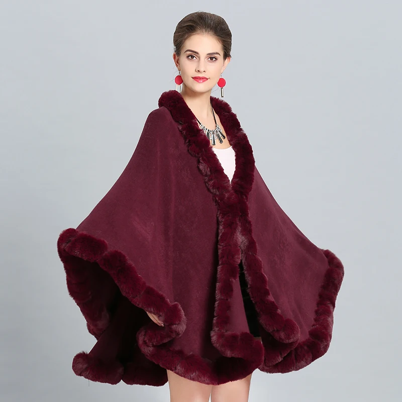 

2018 Winter Women Luxury Elegant Fur Coat Faux Fur Collar Knitted Capes Thick Warm Fur Ponchos