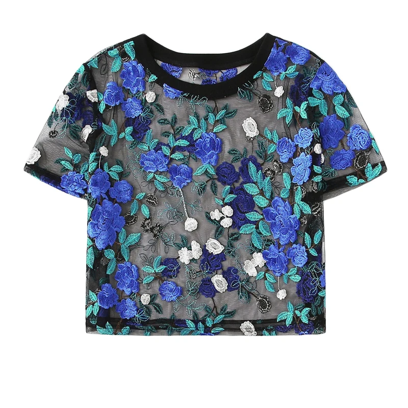 SHEIN Boho разноцветная Цветочная вышивка Прозрачная сетка Сексуальная укороченная блузка женская летняя круглый вырез короткий рукав элегантный топ блузки