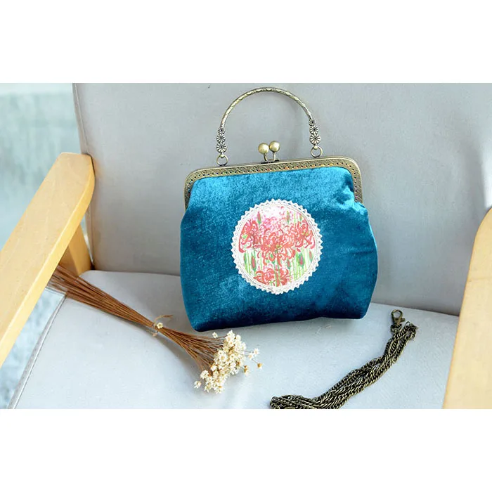 Angelatracy 2018 New Hot Vintage Floral Lace Higanbana Clasp Chain Metal Frame Velvet Crossbody Women's Shoulder Totes Shell Bag | Багаж и